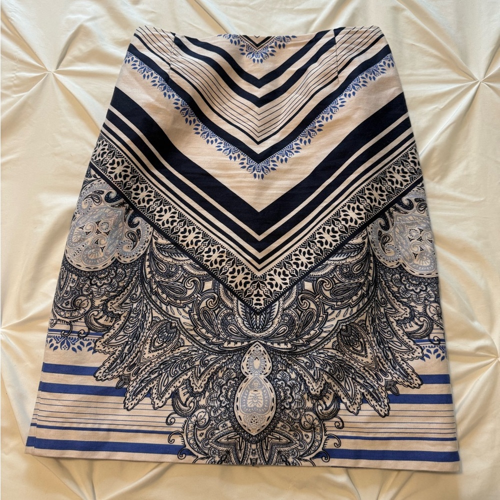 ANTONIO MELANI Navy, white & Light Blue Paisley A-Line Skirt